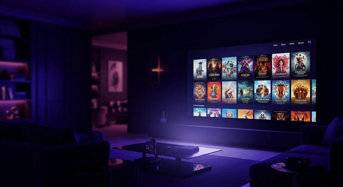 Premium IPTV streaming setup with 4K movie library on big screen